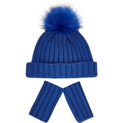 Mini boys blue beanie hat gloves set